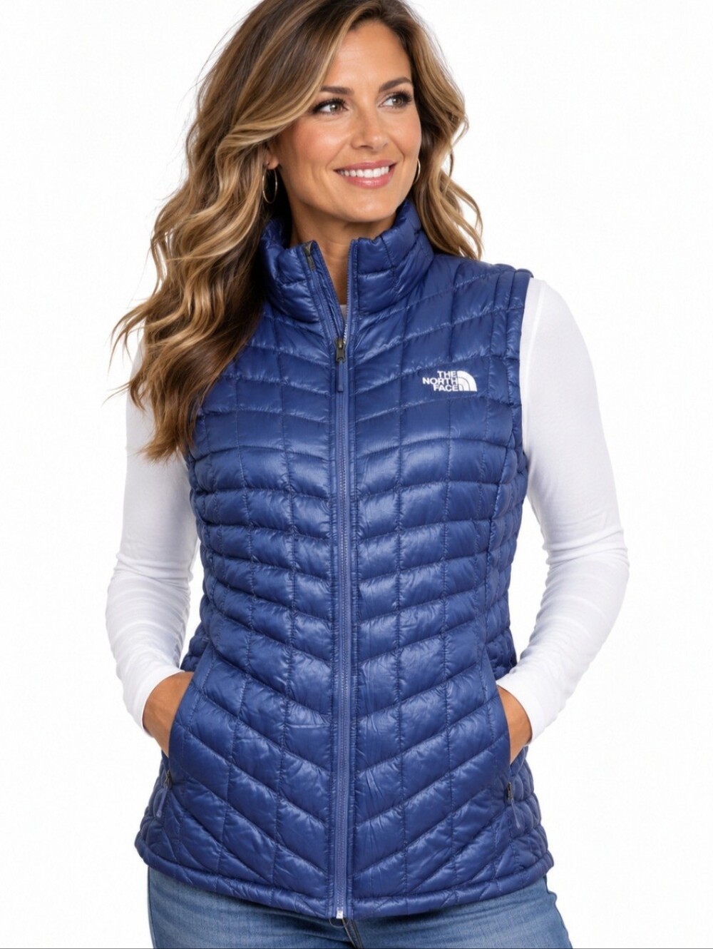 The North Face ThermoBall Vest Women L Blue Quilted Puffer Insulated Full Zip